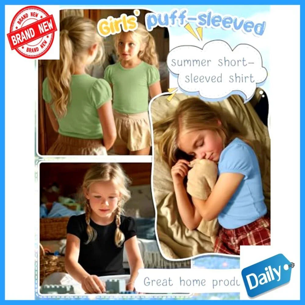 Girls' 3-Pack Puff Sleeve Tees Crew Neck Fitted Tops 5-14 Years